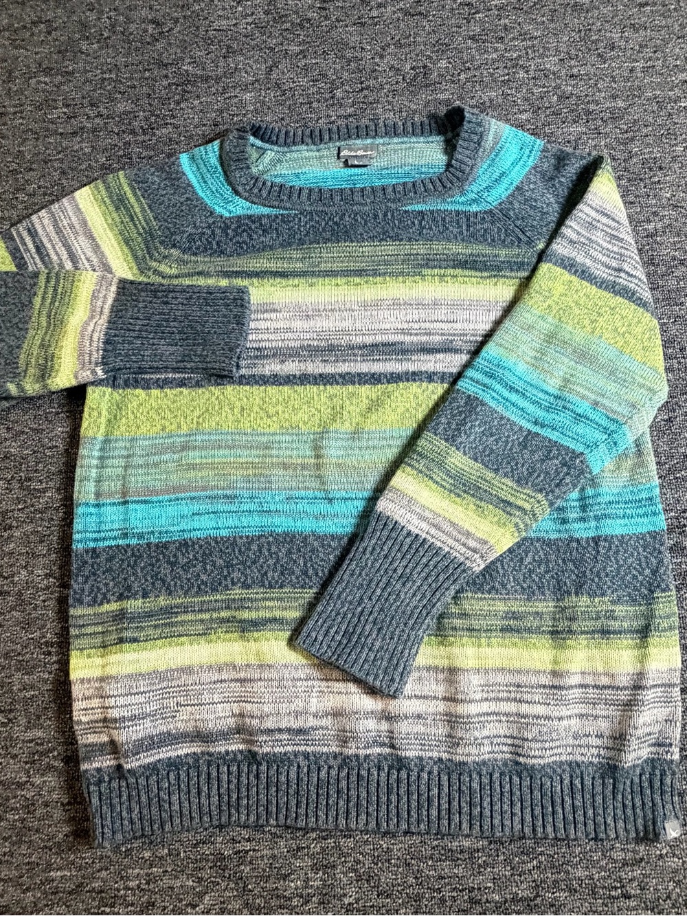 Eddie Bauer Womens Striped Raglan Knit Sweater Blue Green Grey Crew Neck Tall L